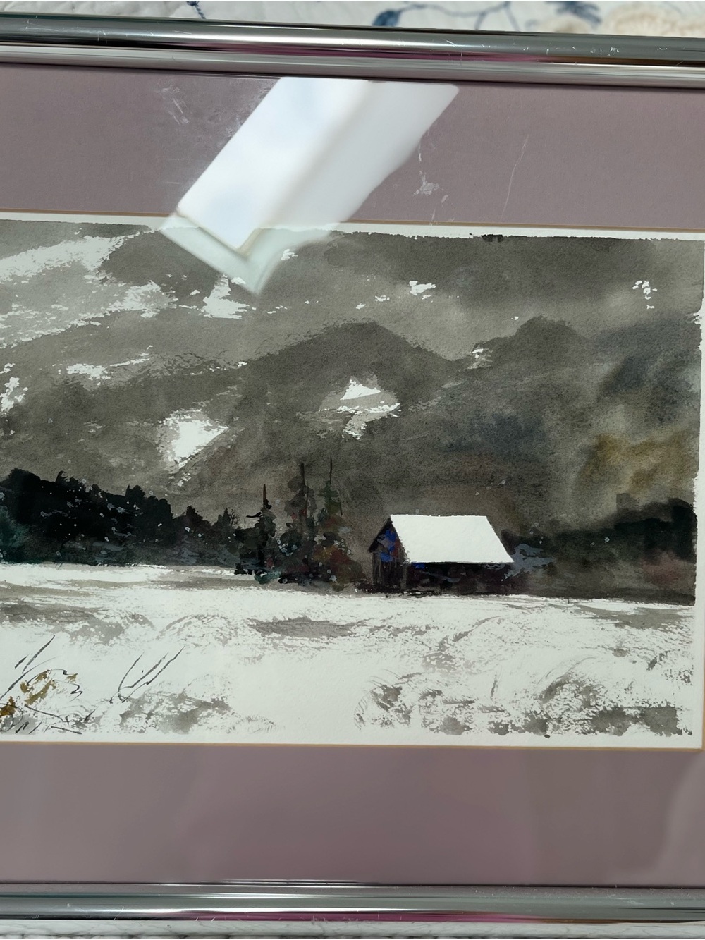 Framed original watercolor Winter Landscape Art Print in White and Smokey Grays